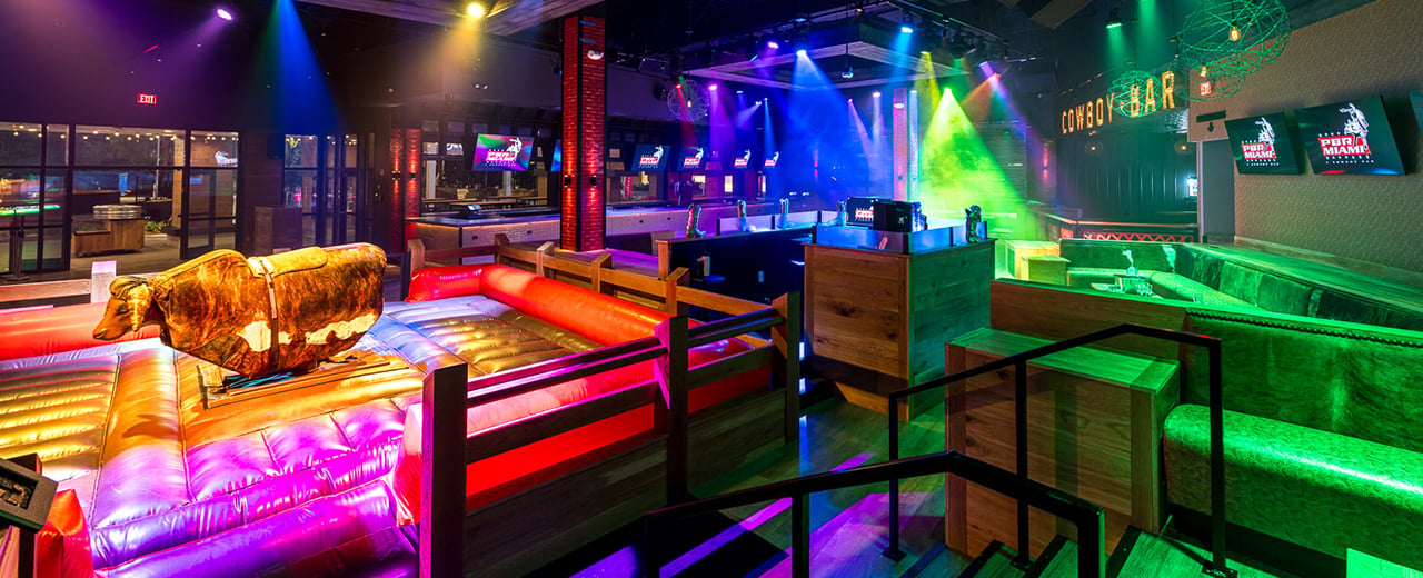 Empty PBR Miami covered in strobe lights.
