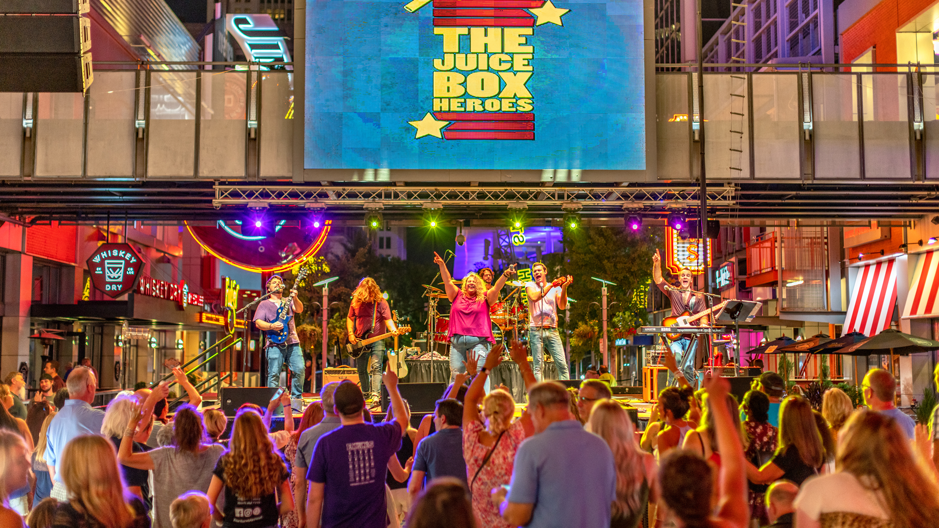 The Juice Box Heroes band on the Fourth Street Live! concert stage.