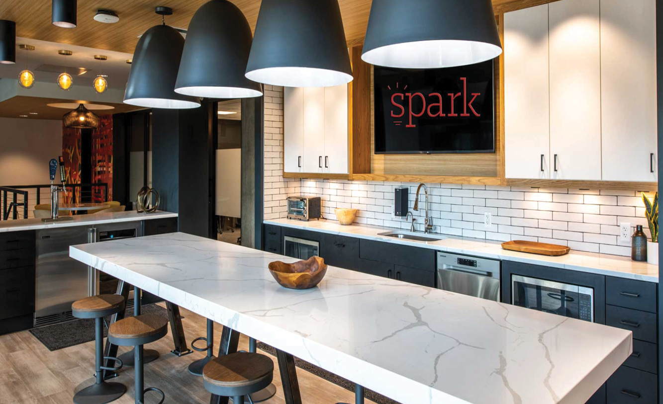 Spark Coworking full kitchen at Kansas City Power and Light District.