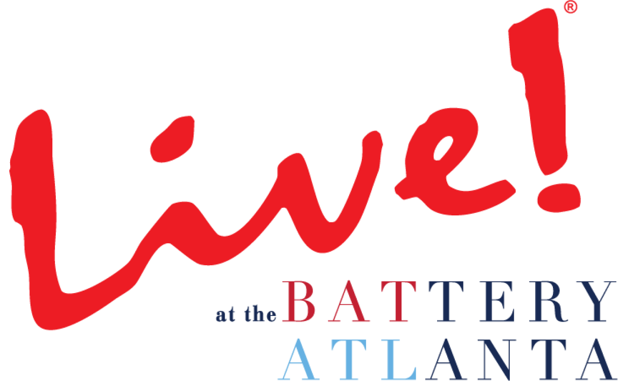 Live! at the Battery Atlanta red, light blue, and dark blue text logo