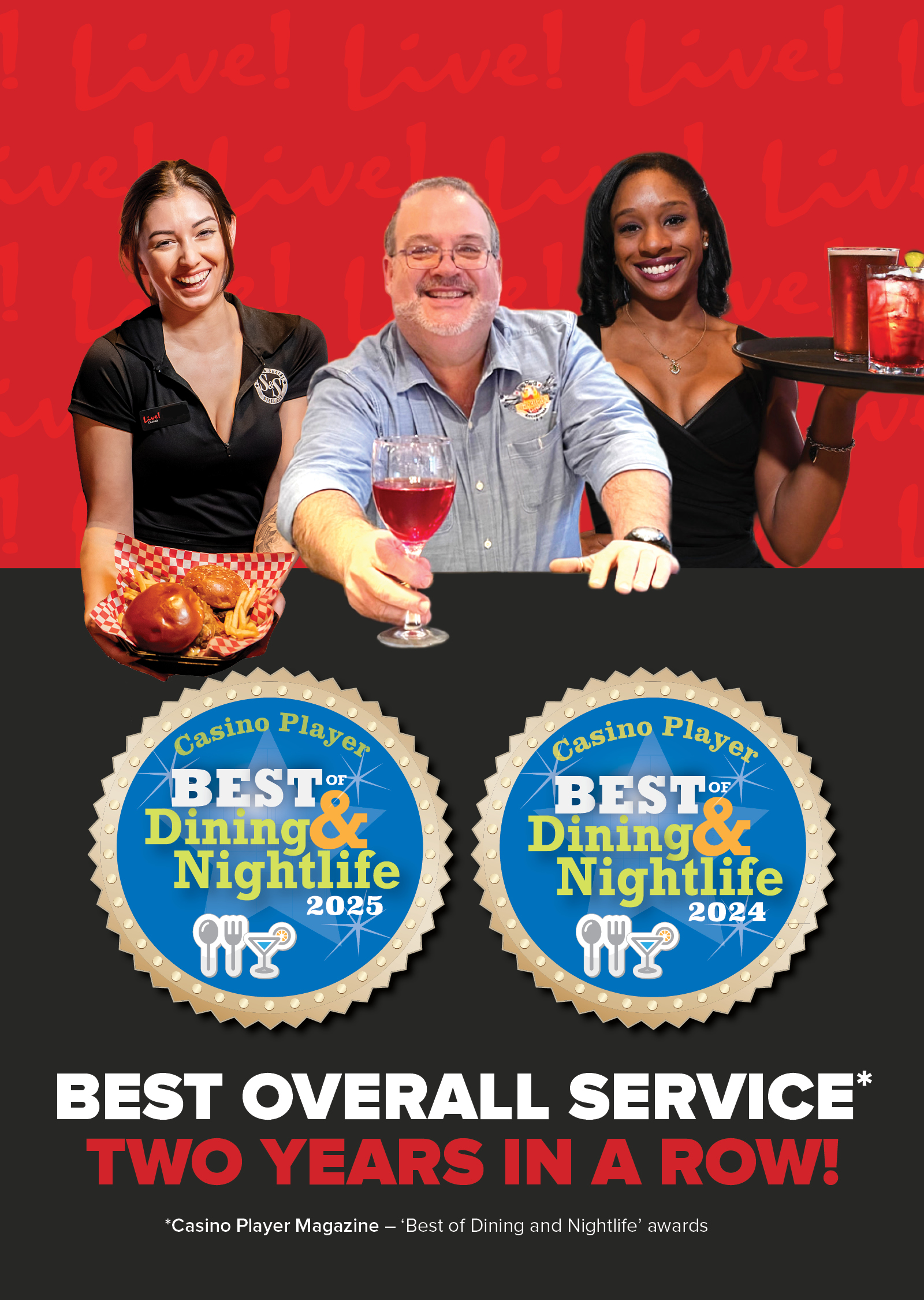 image features three Live! food workers on a red background, and advertises dine and drink awards won by the casino