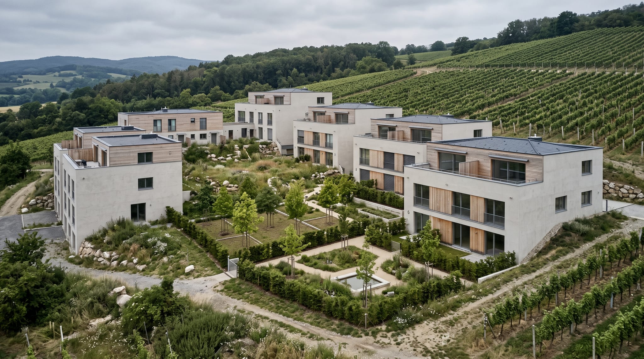 Cobenzl Höfe seen from above, its three courtyards stepping up the vineyard slope