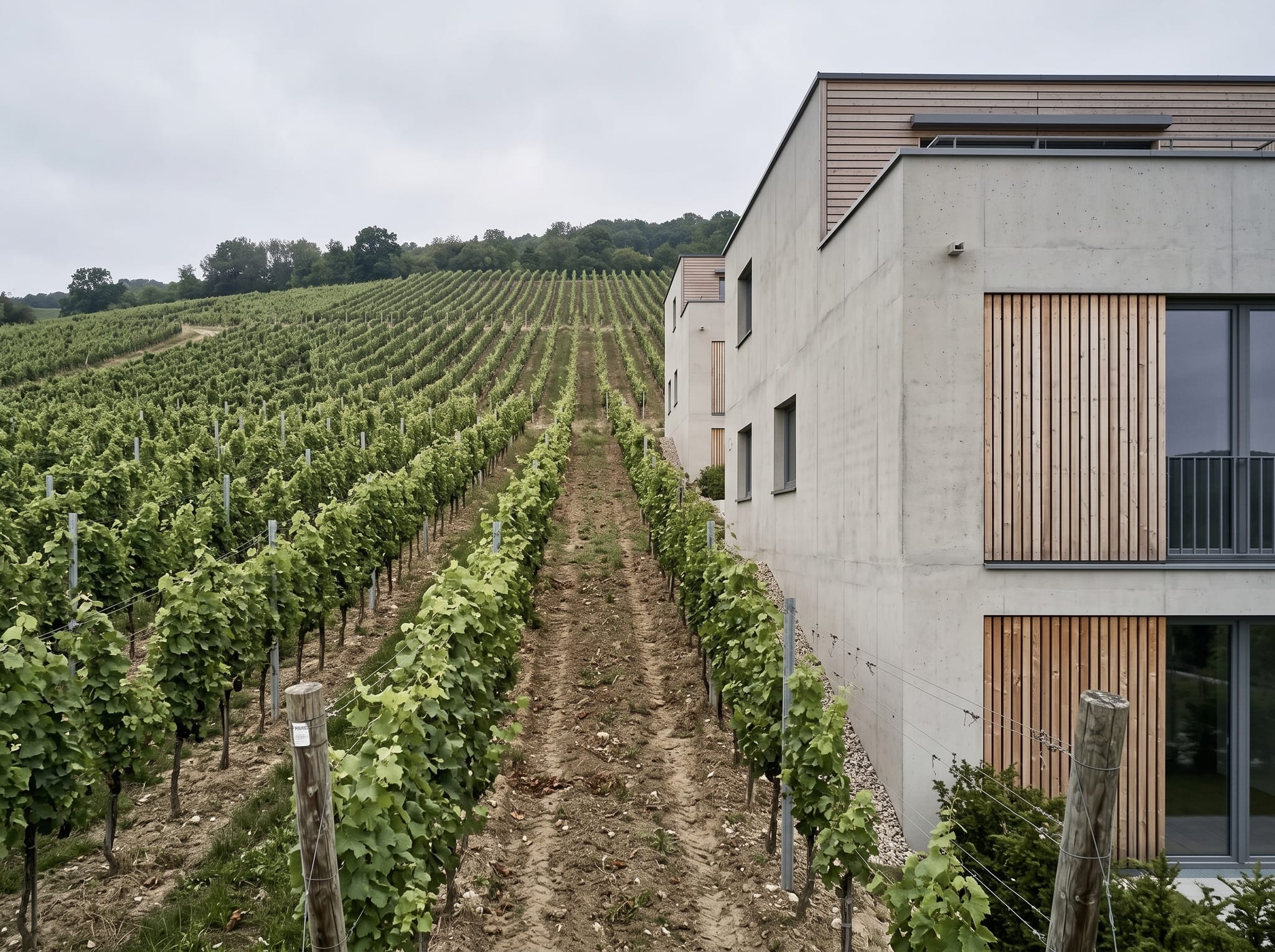 Where the built edge of Cobenzl Höfe meets the working vineyard