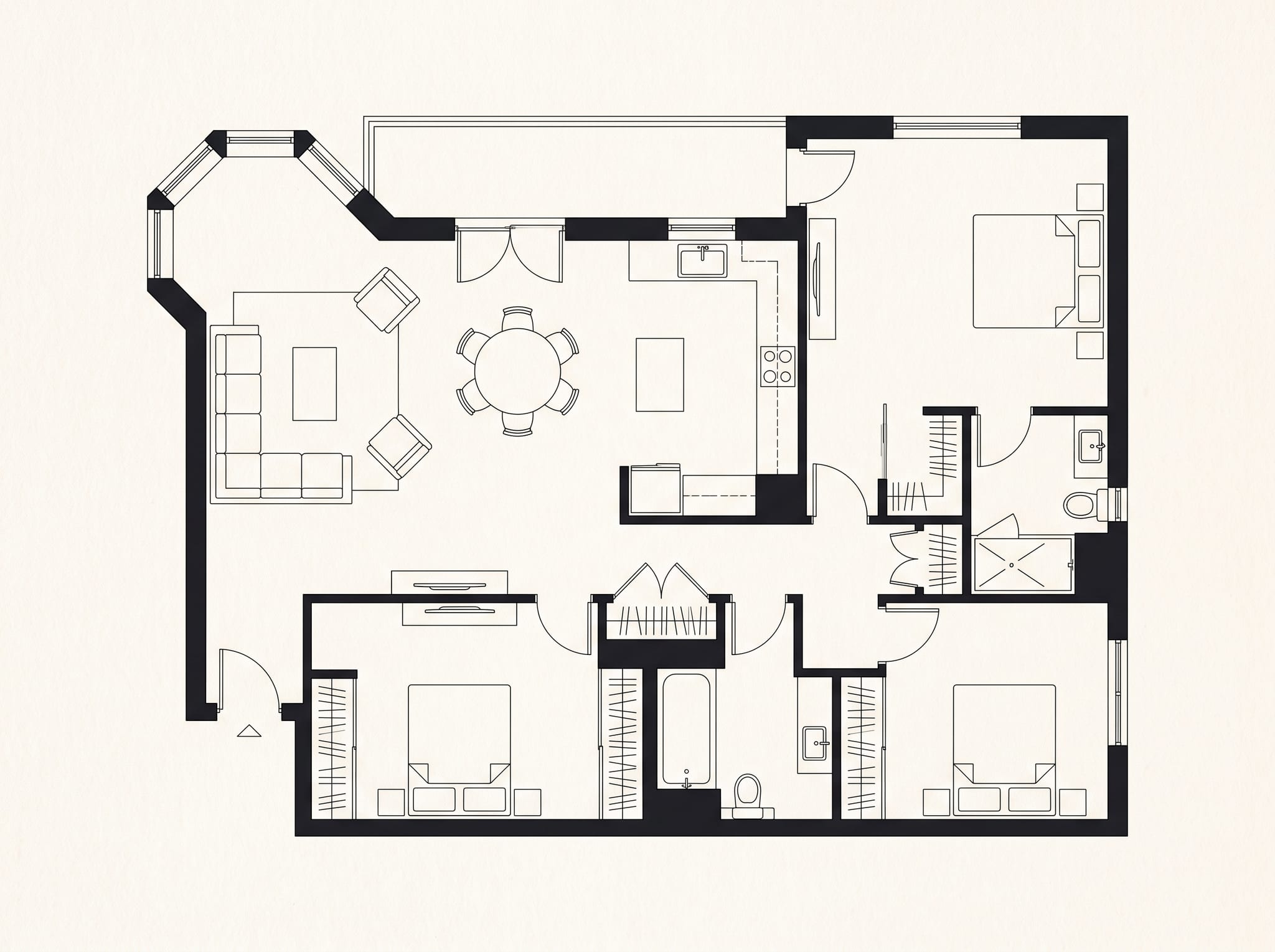 Floor plan of residence A 2.02 — three bedrooms, two bathrooms, and the glazed corner bay off the living space.