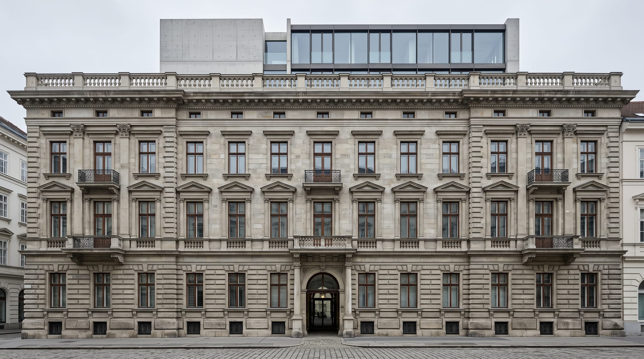The listed Gründerzeit street facade of Palais Auersperg, with the new upper storey visible behind it