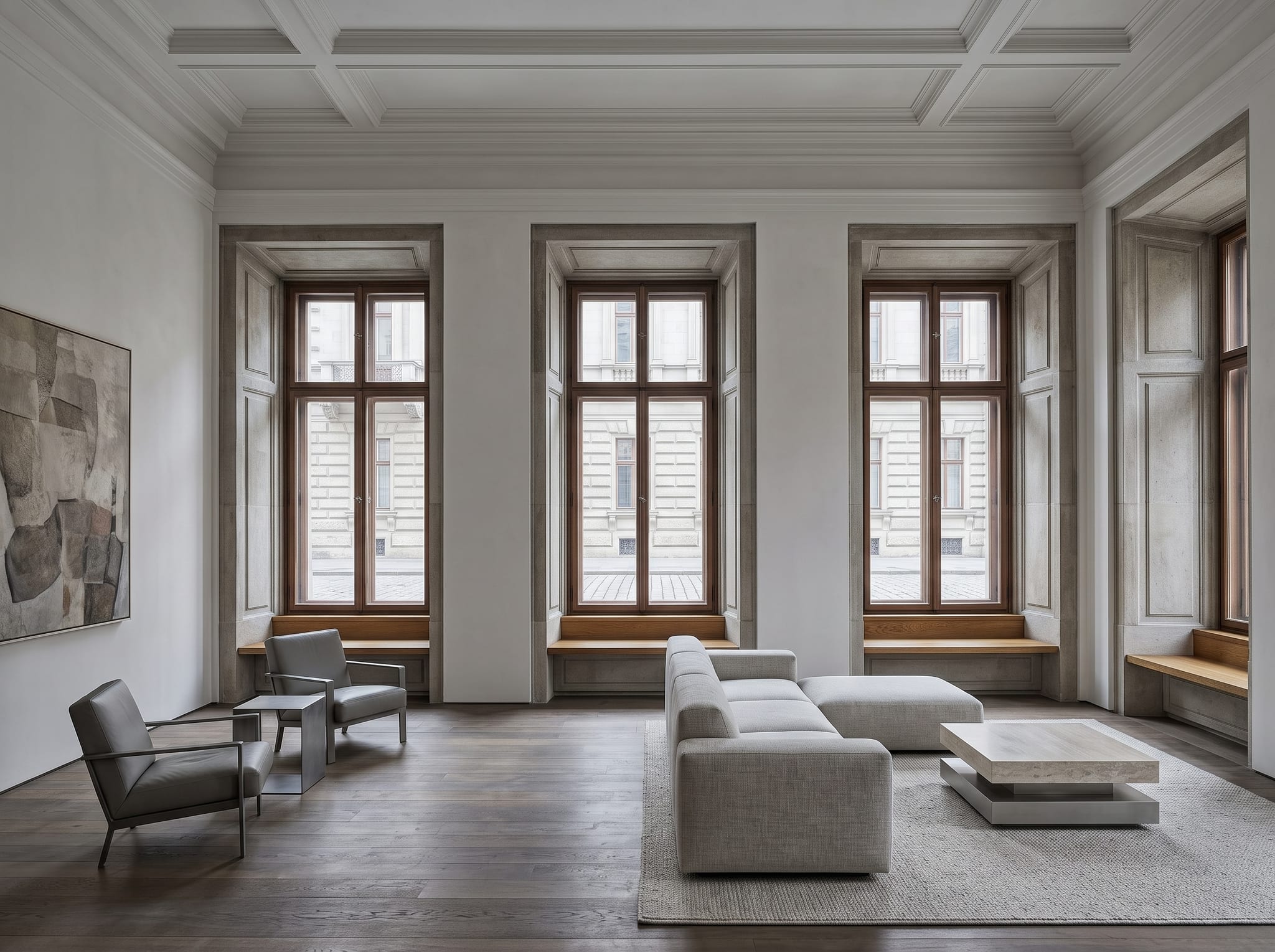 A residence inside Palais Auersperg, with the original high ceiling and deep window reveals