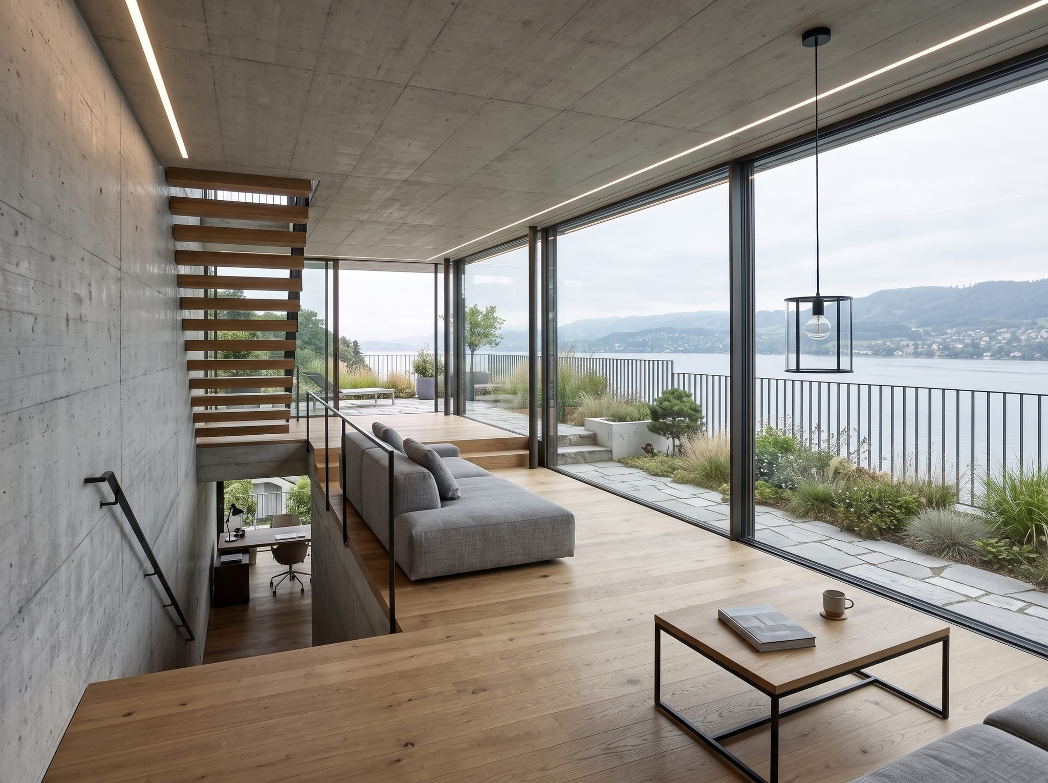An upper living level at Seefeld Terrassen, glazed onto the terrace and the lake