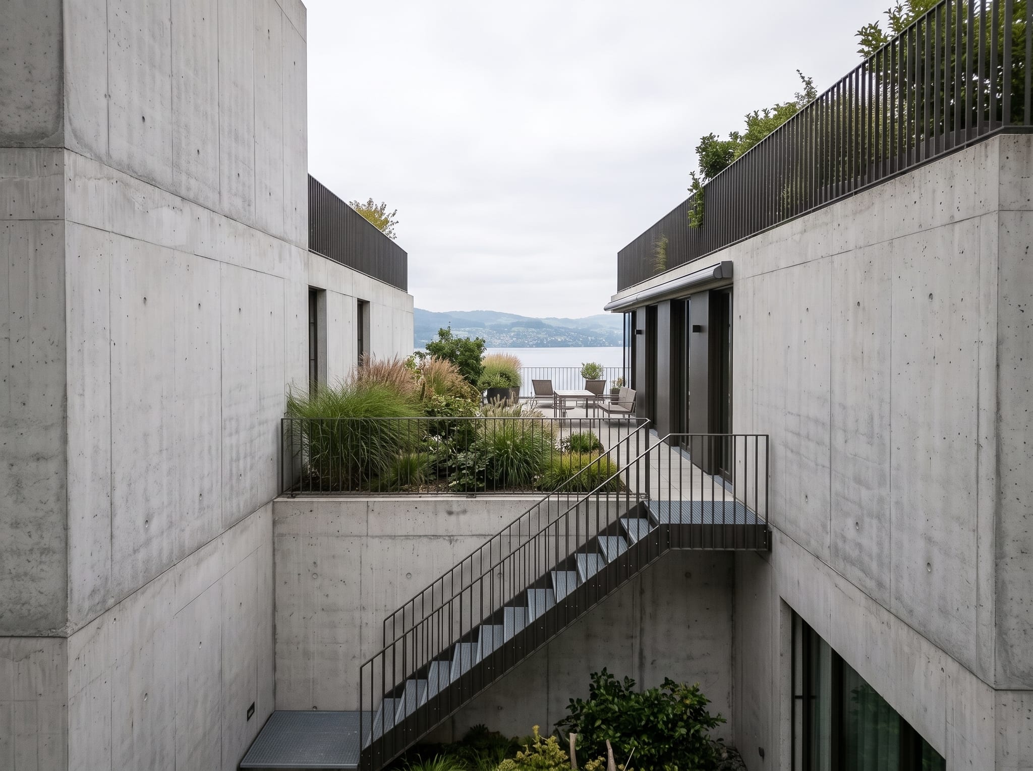 The external stair serving one maisonette at Seefeld Terrassen