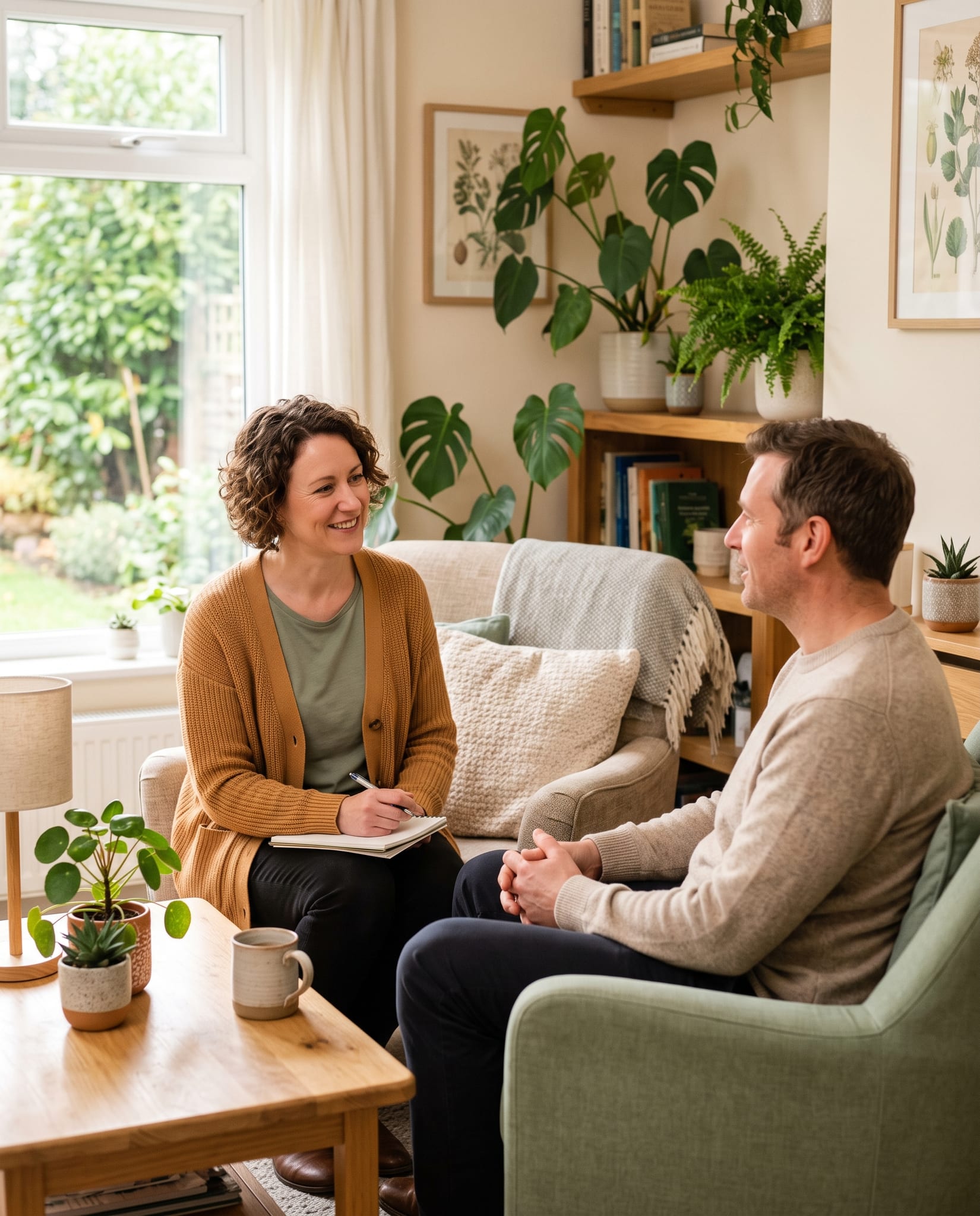 A care professional and a patient in calm conversation