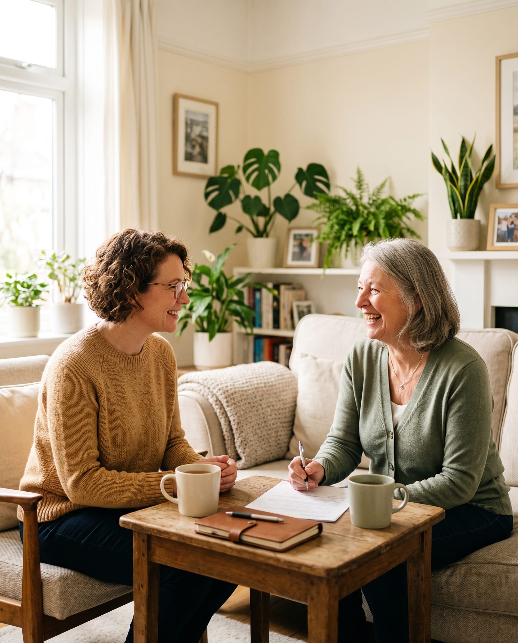 An advisor and a client in warm conversation in a bright living room