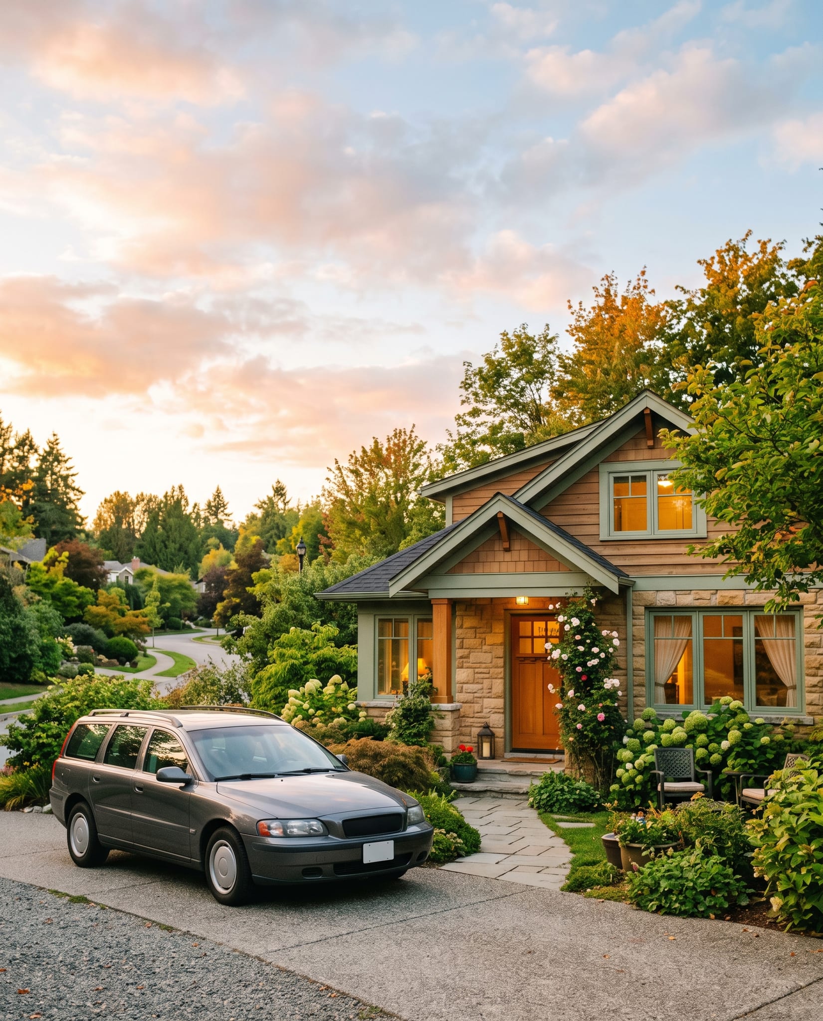 A suburban family home at golden hour with a car in the driveway
