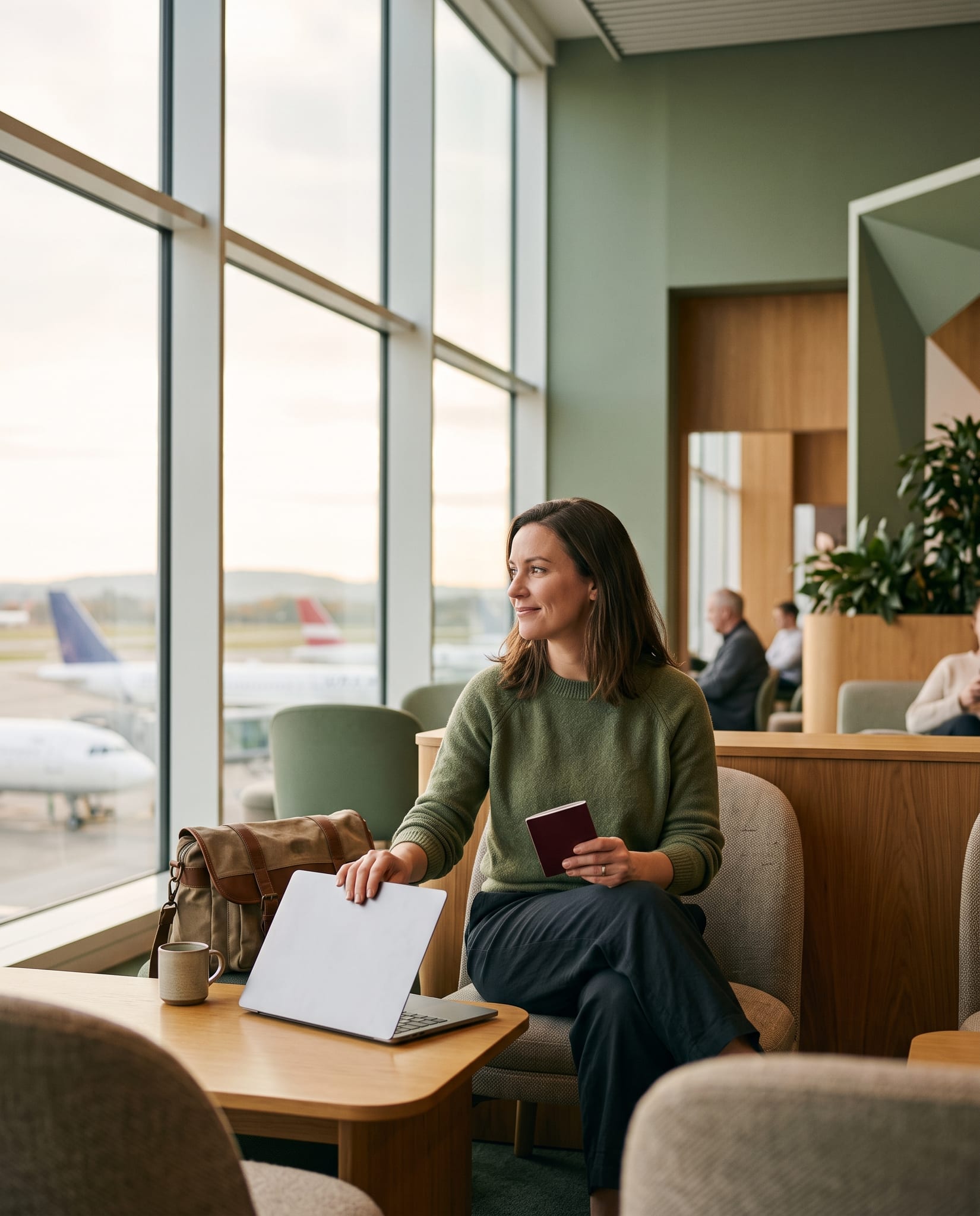 A traveller relaxing in an airport lounge with a passport