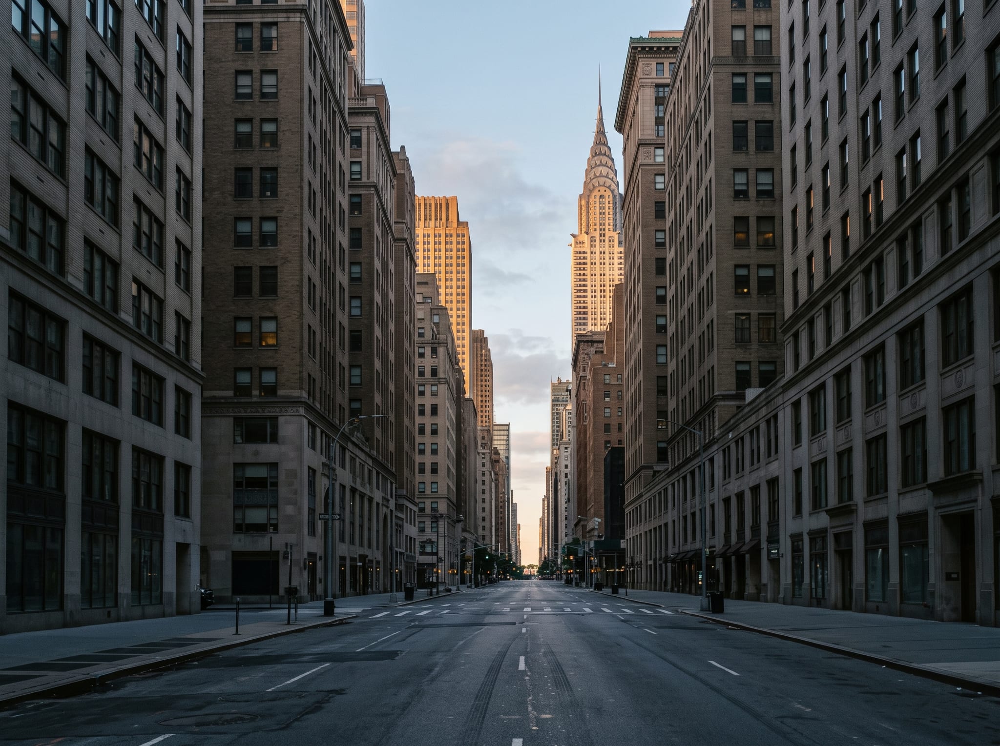 An empty Manhattan avenue canyon with evening light on the upper floors