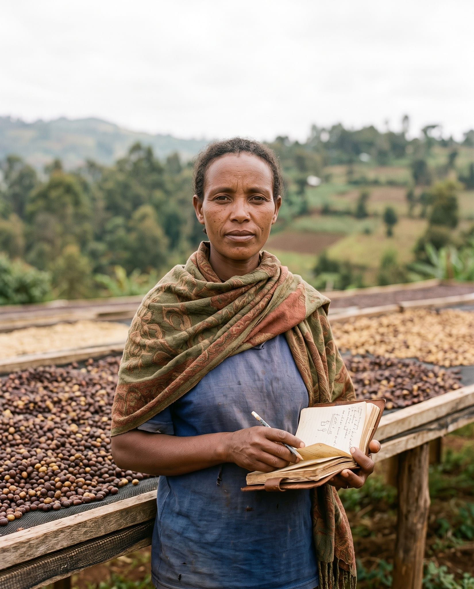 Aster Bekele standing beside the raised drying beds at her farm in Uraga, Guji Zone, a field notebook open in her hand