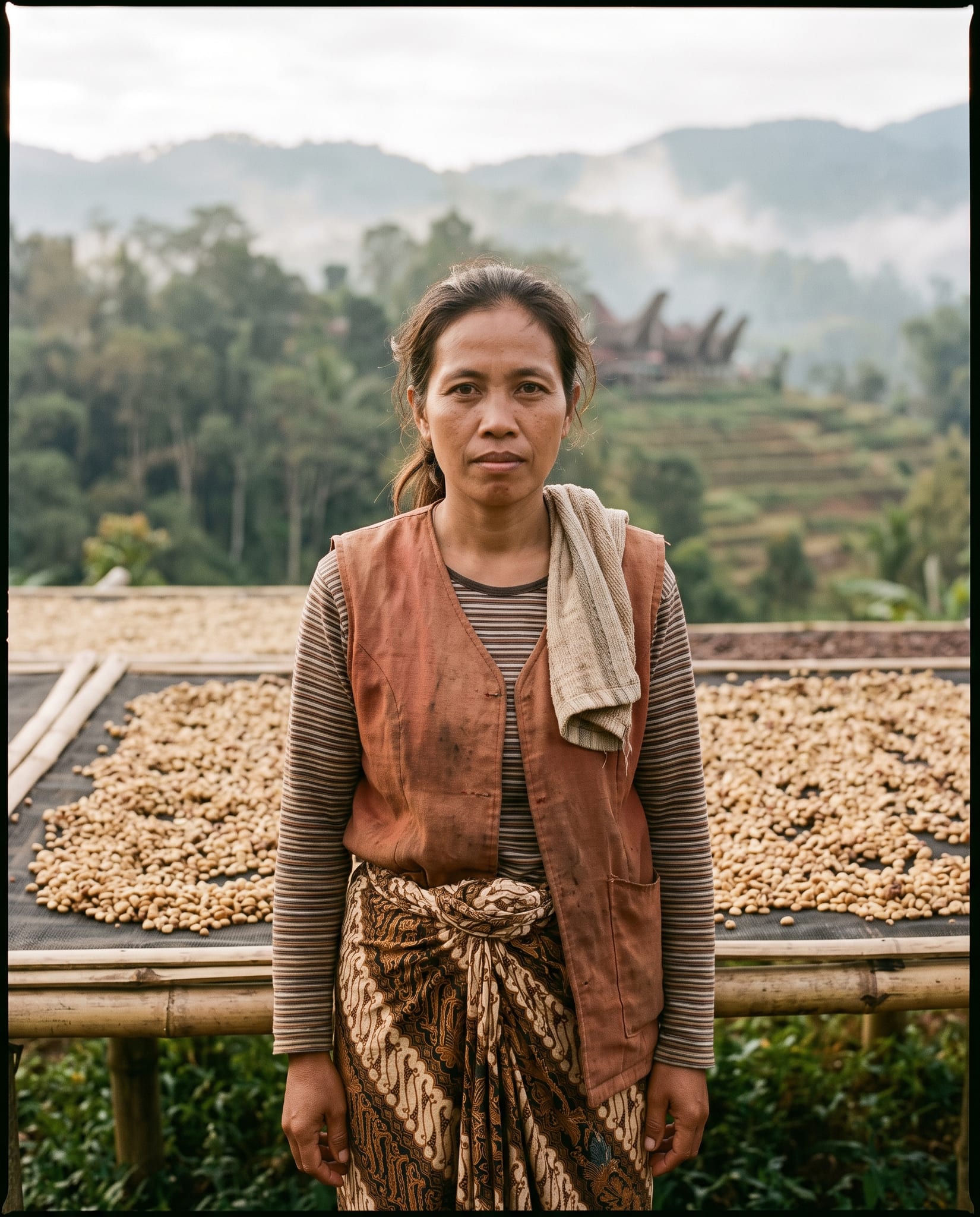 Sari Wibowo beside the honey-process drying patio in Sapan, Toraja