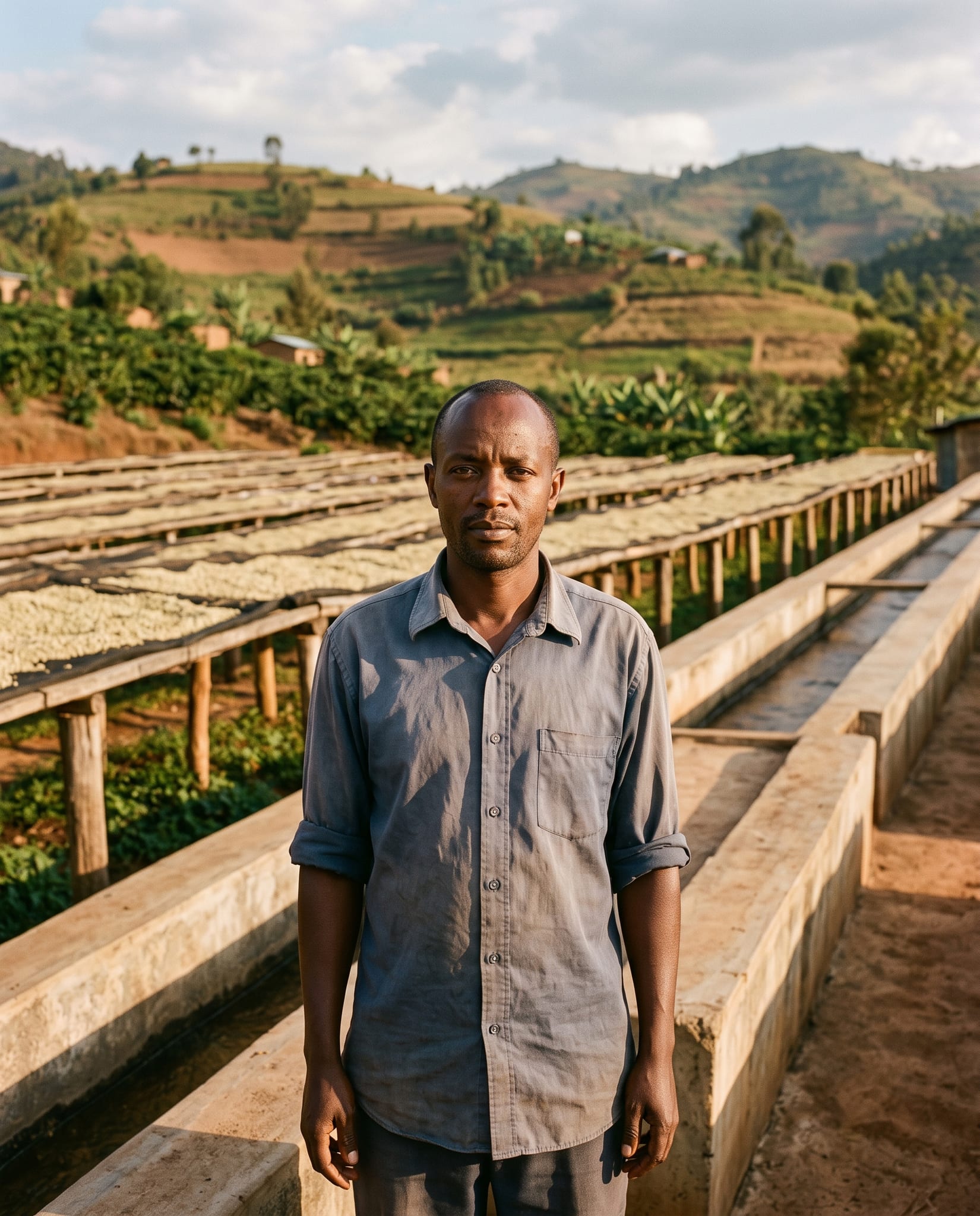 Théo Nkusi at the edge of the washing station he runs in Nyamasheke