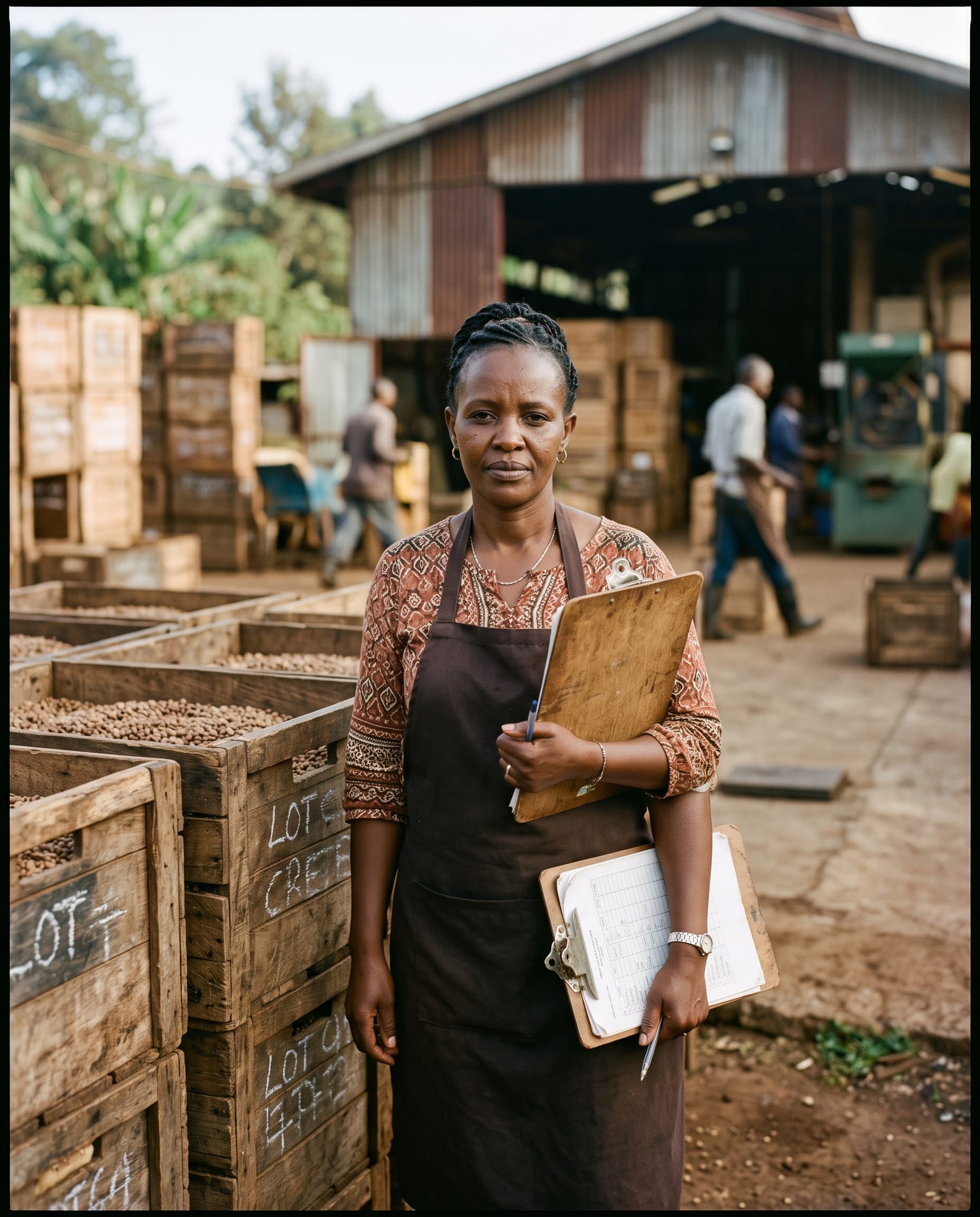 Wanjiru Kamau beside the lot crates in the factory yard in Tetu, Nyeri