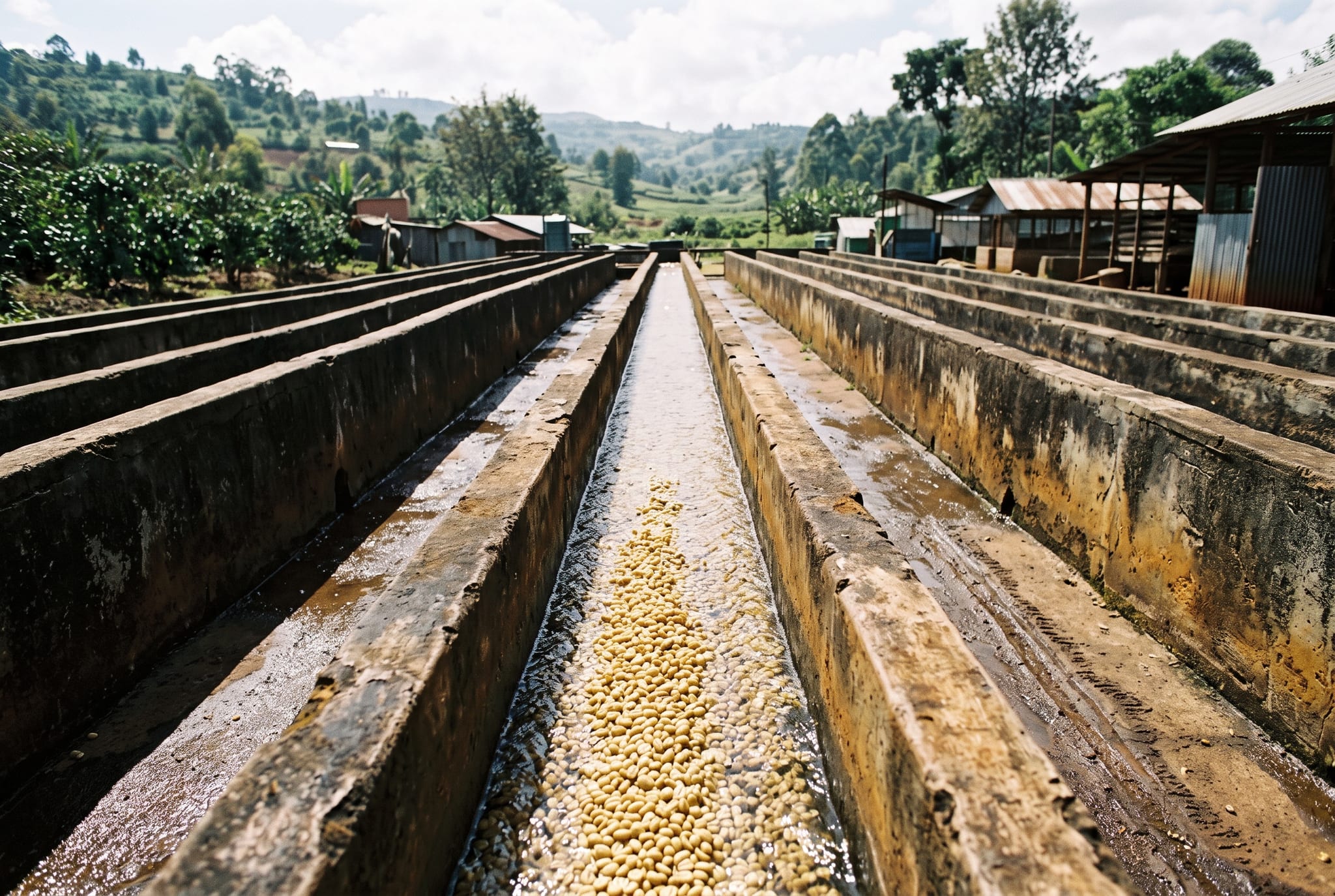 Washed parchment moving down the grading channels at the Nyeri factory