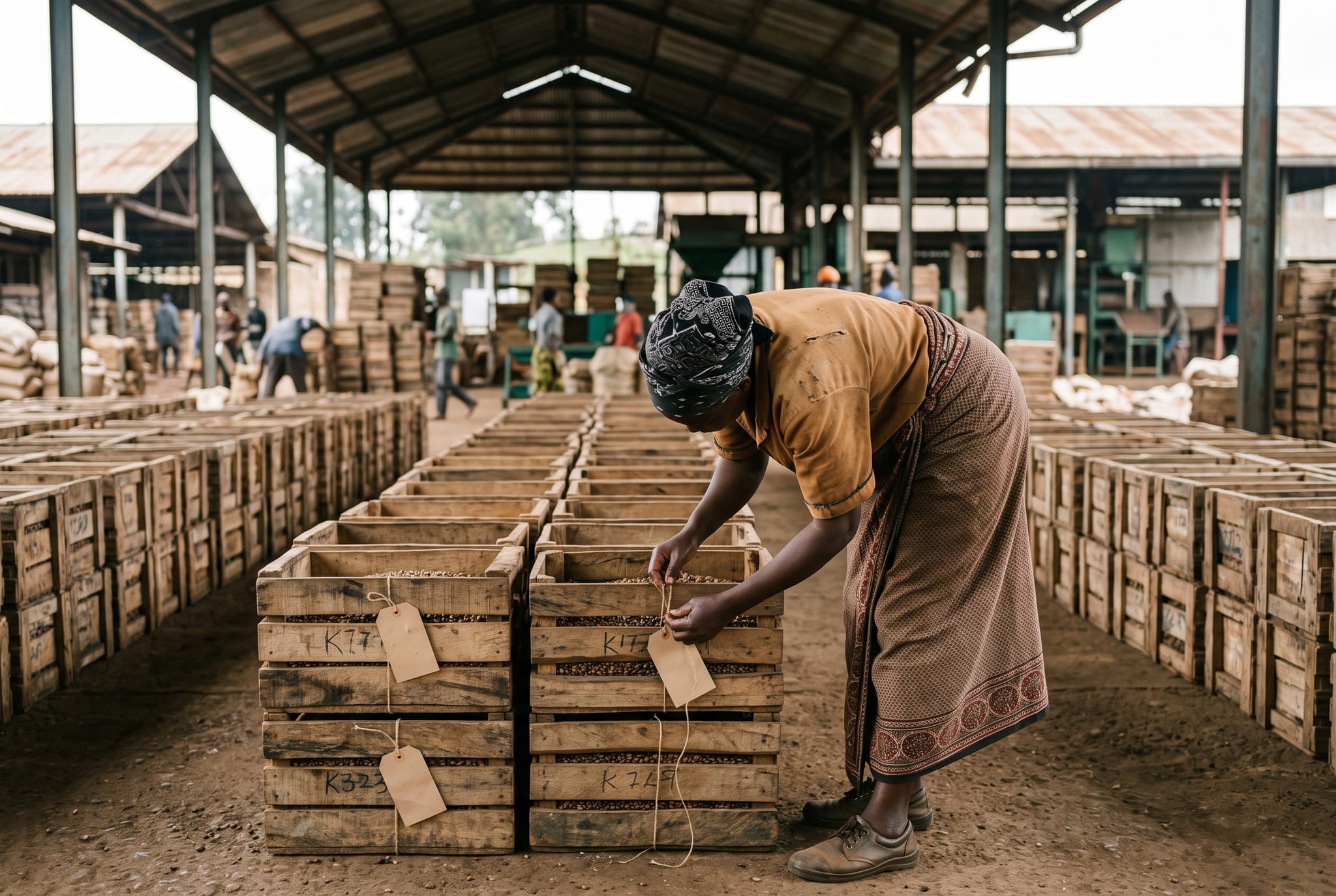 Tying a lot tag to a crate in the factory yard in Nyeri