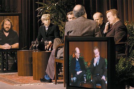 Peter Jackson (on monitor) Baz Luhrmann, Christopher Nolan, moderator Jeremy Kagan, Ron Howard and Ridley Scott at Meet the Nominees Feature Film Symposium.