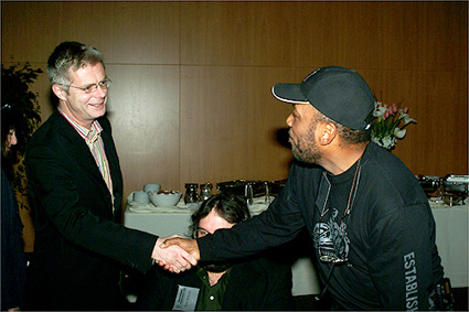 Feature Film Nominee Stephen Daldry greets DGA Third VP/Dramatic Series Night Nominee Paris Barclay.
