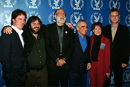 Nominees Rob Marshall, Peter Jackson, Jeremy Kagan (symposium moderator), Martin Scorsese, Martha Coolidge (DGA President) and Stephen Daldry moments before the symposium.