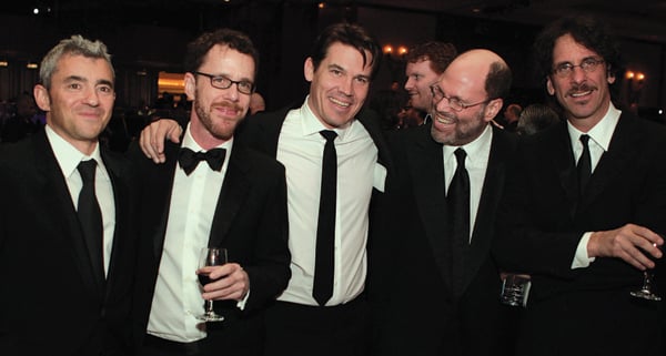 Miramax President Daniel Battsek, Director Ethan Coen, presenter Josh Brolin, producer Scott Rudin, and Director Joel Coen