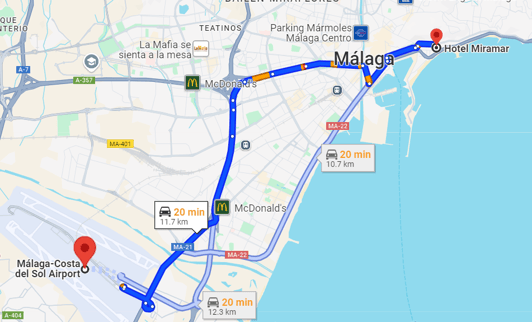 Directions map from Malaga airport to Miramar hotel