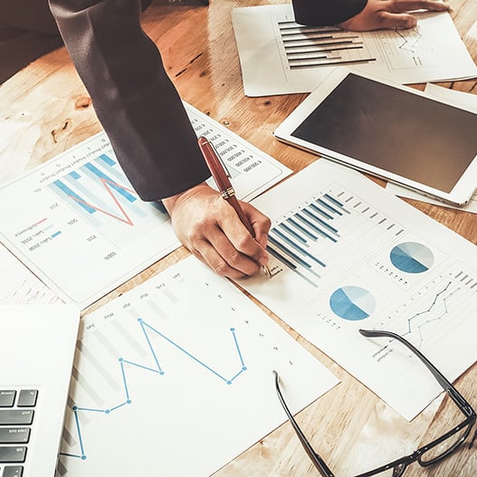 Woman analyzing documents with graphs