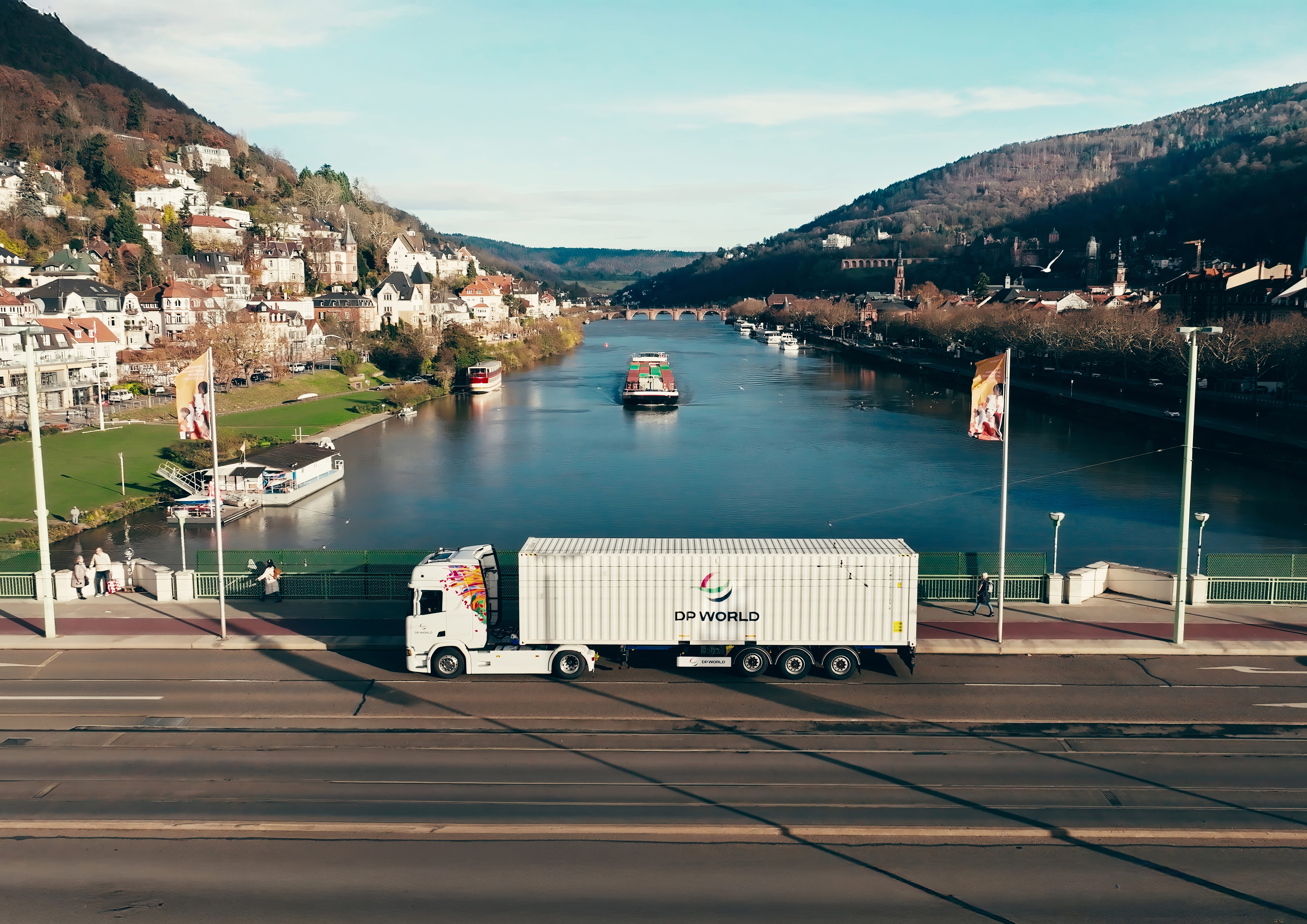 Germany Freight Forwarding Barge Bridge Container White Truck Mannheim Drone TLM