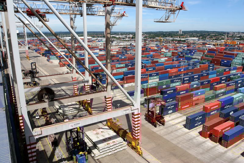 Colourful aerial view of container yard at Southampton port