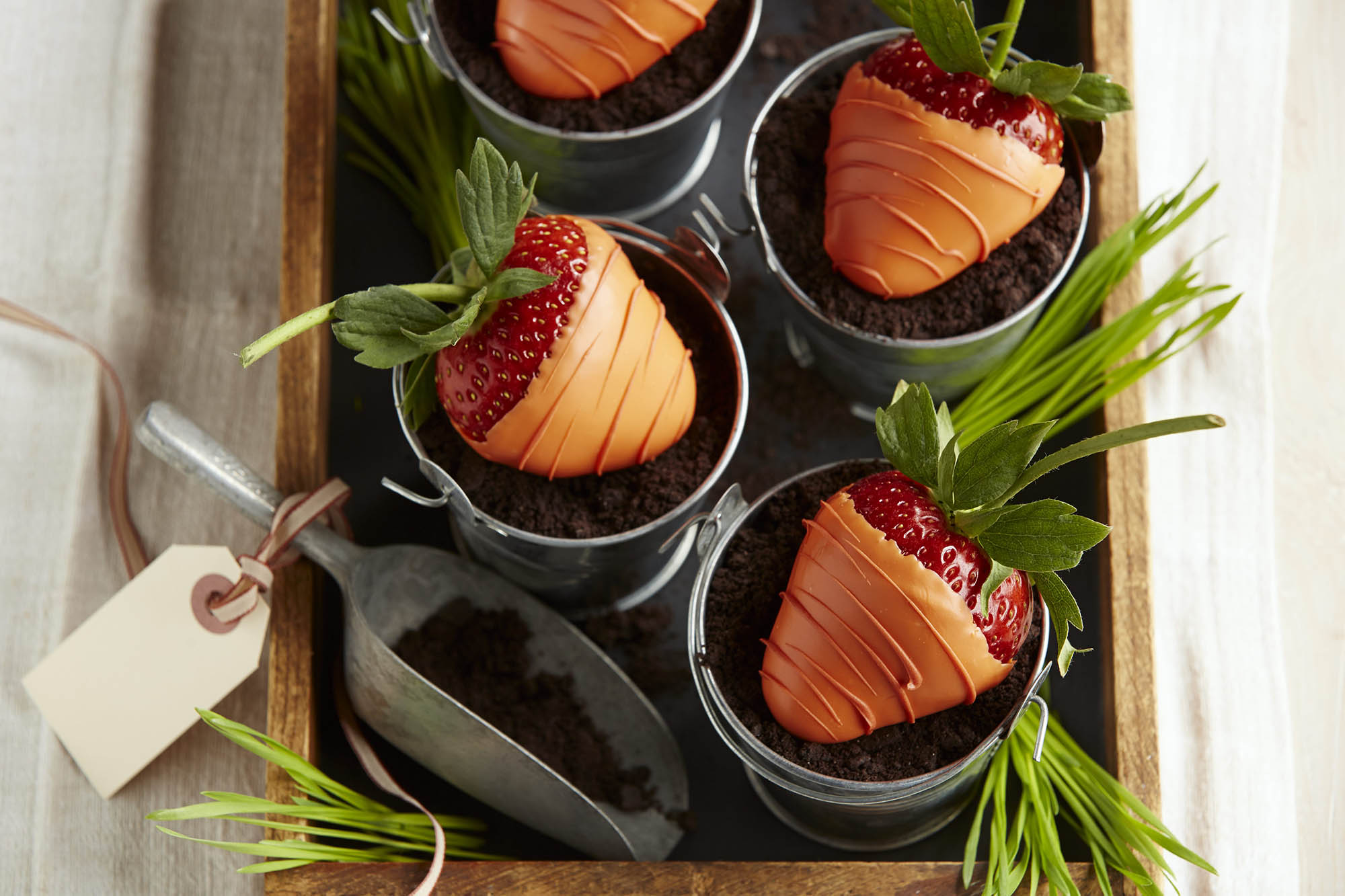 Chocolate covered strawberries decorated to look like carrots in pots of dirt