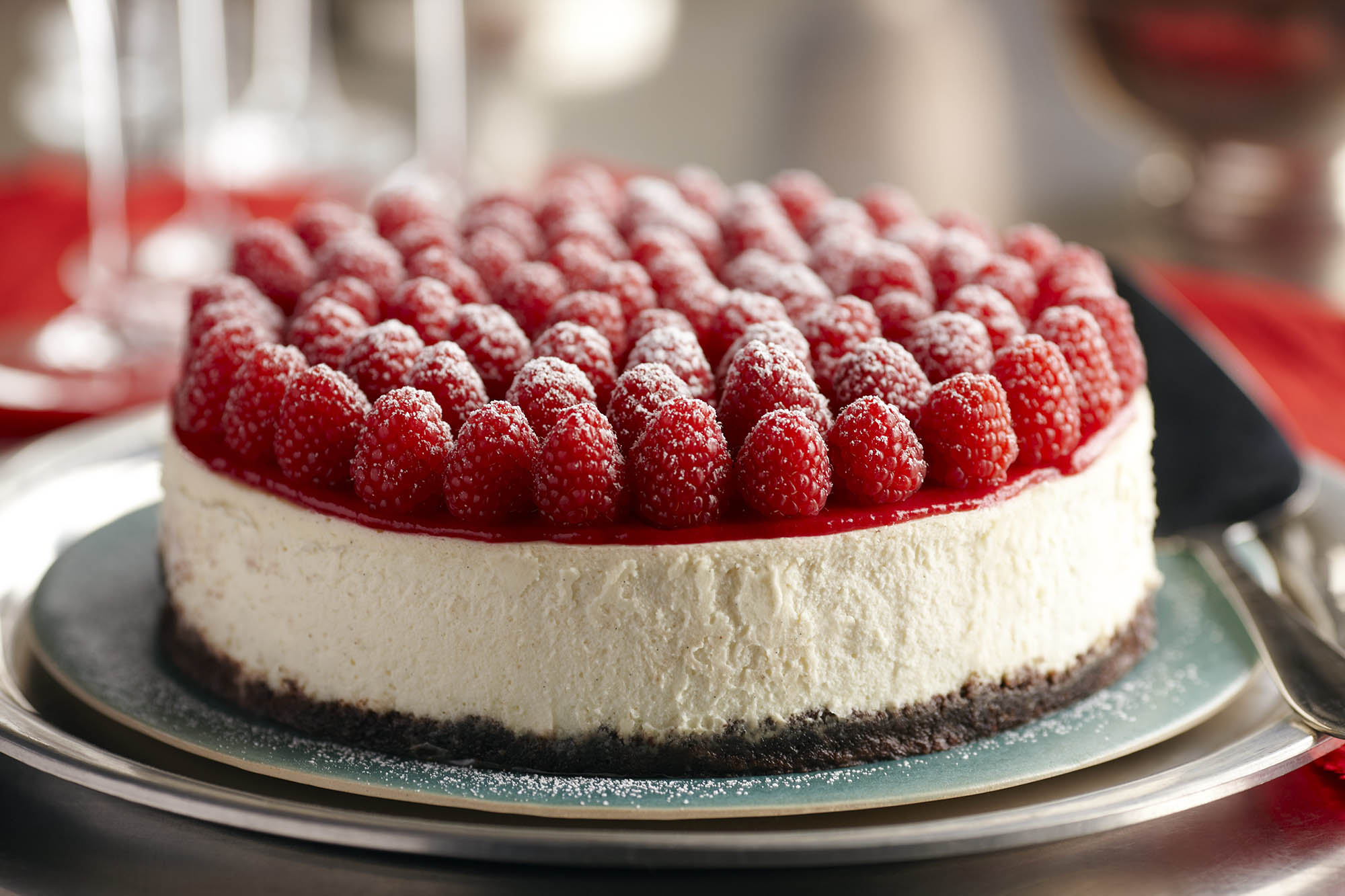 raspberry cheesecake with grand marnier and topped with raspberries