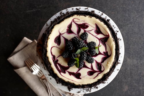 Swirled blackberry cheesecake with blackberries on top