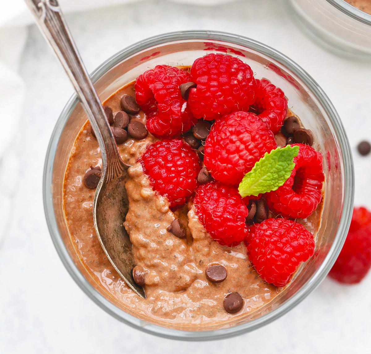 chocolate chia pudding  with raspberries