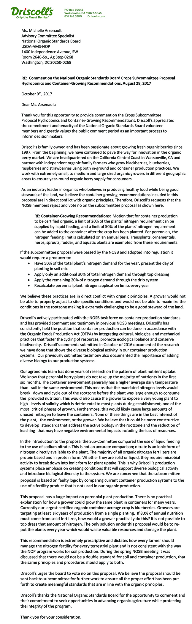 Driscoll's Fall 2017 NOSB Letter