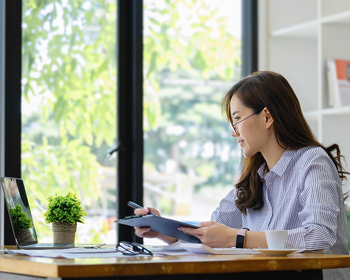 woman working at table