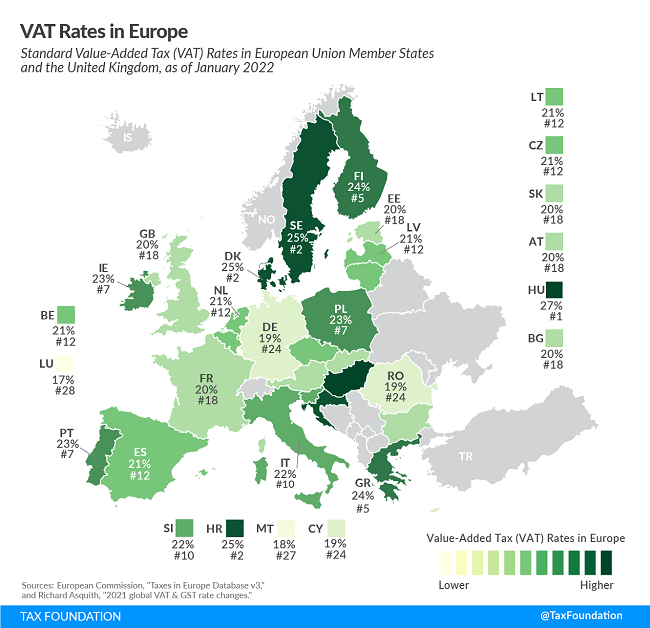 Tax Foundation map of Europe 2022 VAT rates