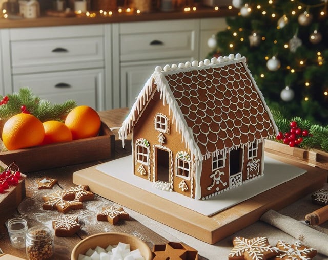 Gingerbread House under construction in kitchen via Bing-Dall-E