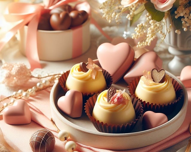 MS Copilot DALL-E 3 valentine's day-themed image featuring cream-filled chocolates