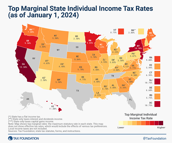 Tax Foundation map of 2024 state income tax rates