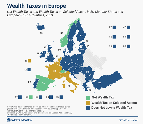 Tax Foundation - Europe map of 2024 Europe wealth taxes