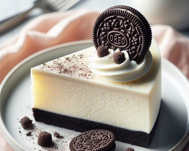 Bing Copilot DALL-E 3 image of a slice of white chocolate cheesecake garnished with an Oreo-style cookie