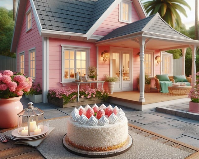 Pink house with a coconut torte cake on a patio