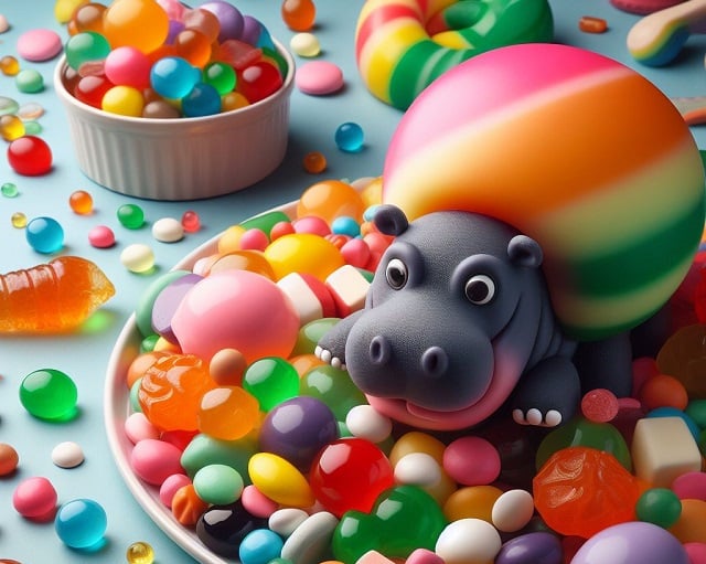 Bing Copilot Dall-E 3 image for World Hippo Day and National Gumdrop Day