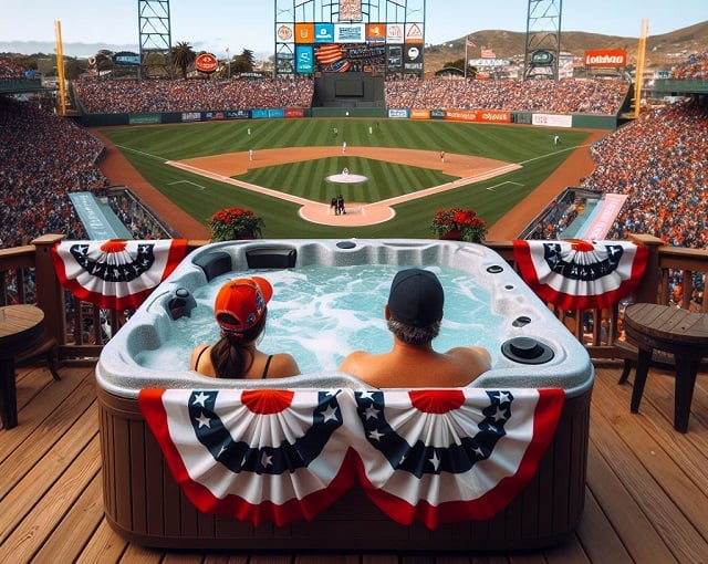  A view from behind a hot tub located in the left field bleachers of a generic baseball field