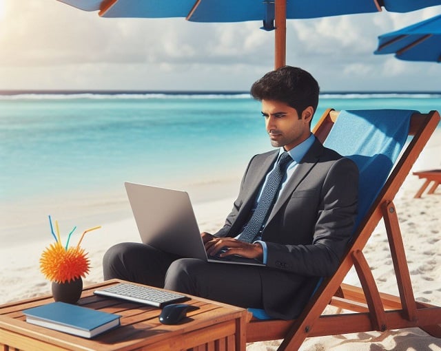 Bing DALL-E 3 image of  a remote worker wearing a suit on a beach working on a computer 