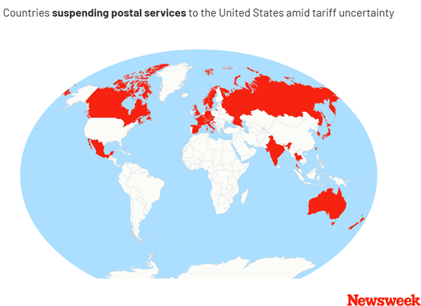 Newsweek image of countries suspending parcel service to US