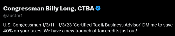 Screenshot of Billy Long X profile