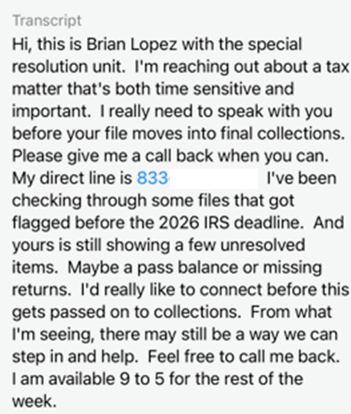 Scam call screenshot